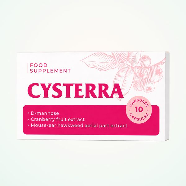 Fehér-rózsaszín Cysterra doboz, 10 kapszula, D-mannóz és tőzegáfonya felirat, buborékcsomagolás