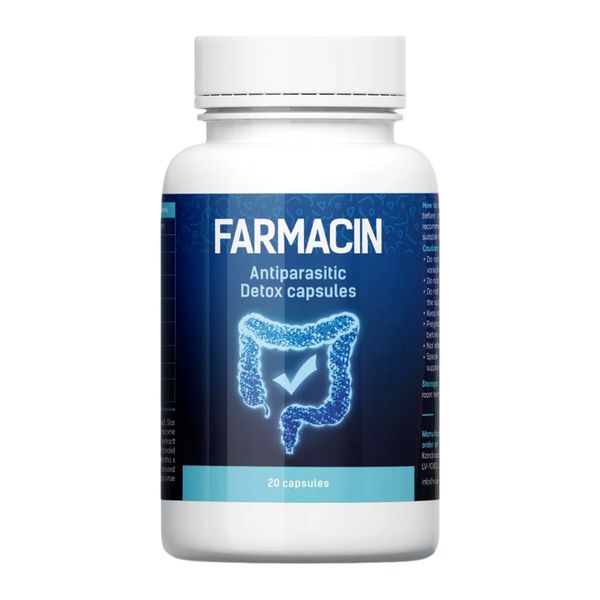 Fehér Farmacin flakon kék-zöld címkével, 20 kapszula, oldalán a felirat