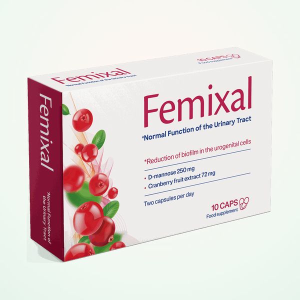 Femixal doboz, 10 kapszula, D-mannóz 250 mg és tőzegáfonya-kivonat 72 mg felirattal