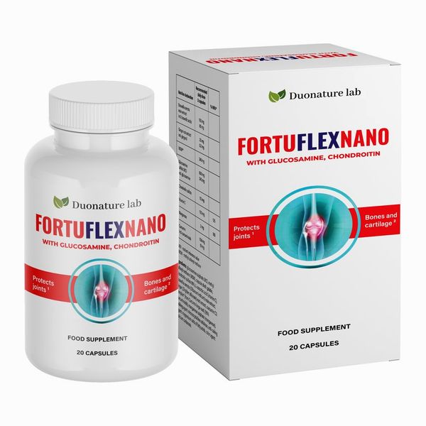 FortuflexNano doboz és barna flakon, 20 kapszula, glükózamin és kondroitin felirattal