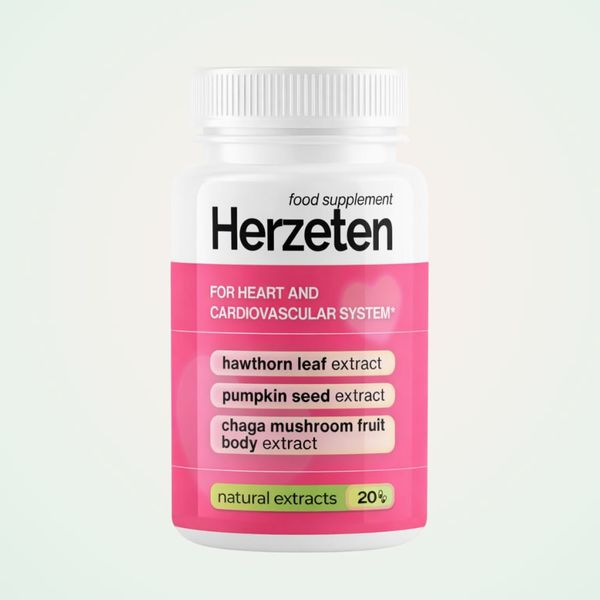 Fehér Herzeten flakon rózsaszín címkével, galagonya, tökmag és chaga felirat, 20 kapszula