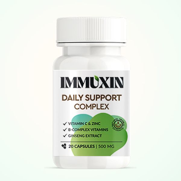 Fehér Immuxin flakon zöld címkével: Daily Support Complex, Vitamin C & Zinc, 20 kapszula