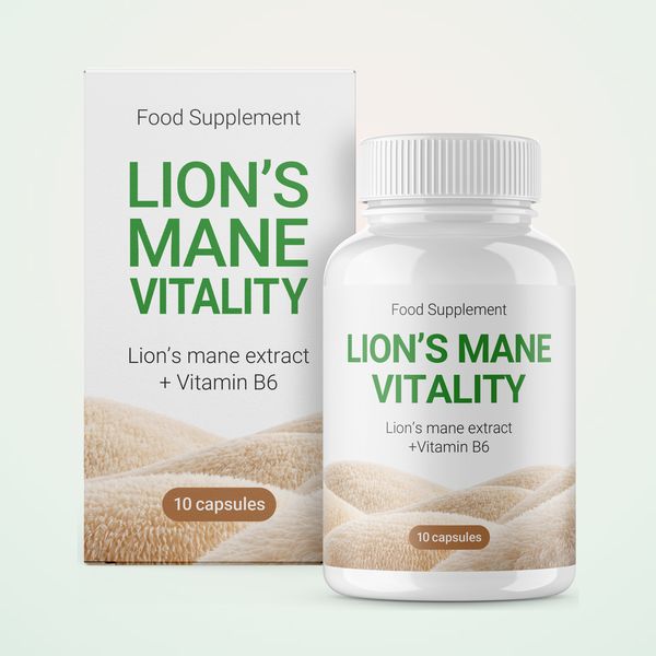 Fehér Lion's Mane Vitality doboz és flakon, Lion's mane extract + Vitamin B6, 10 kapszula