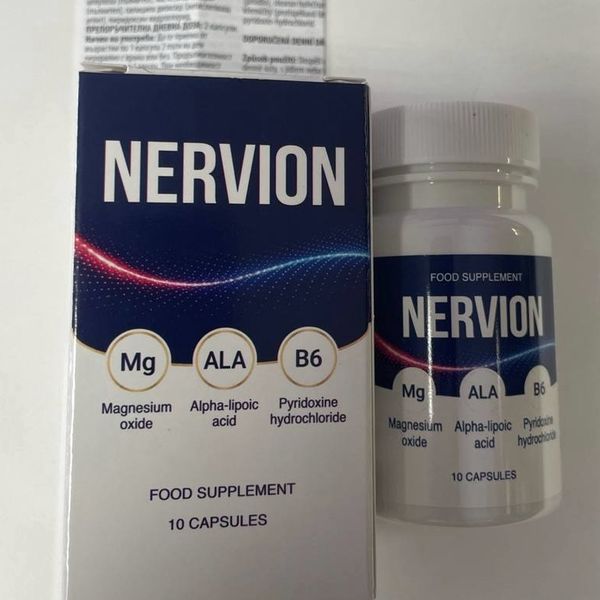 Fehér Nervion flakon és sötétkék doboz, 10 zselatinkapszula, magnézium, alfa-liponsav, B6