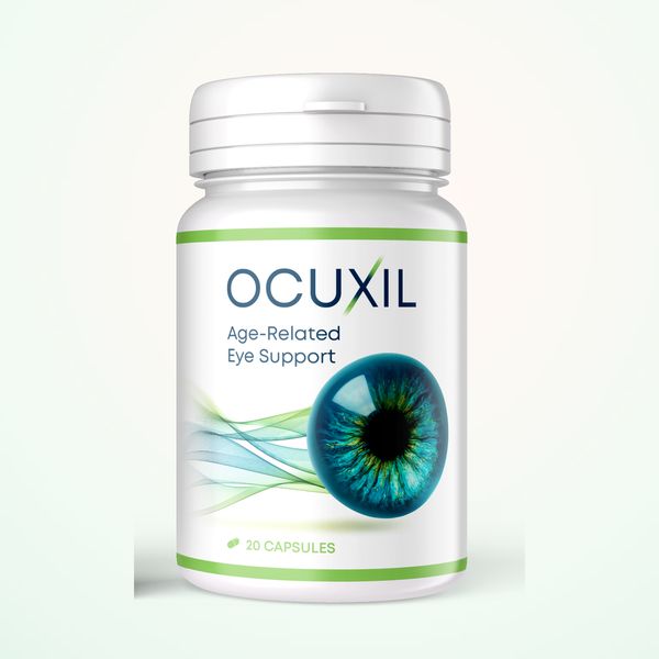 Fehér Ocuxil flakon zöld sávval, Age-Related Eye Support felirat, 20 kapszula