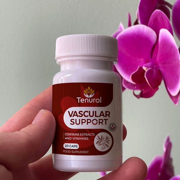 Fehér Tenurol flakon piros címkével, Vascular support felirat, 20 kapszula