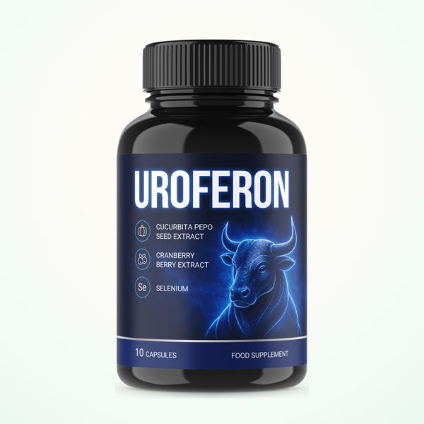 Uroferon doboz, 10 zselatinkapszula, tökmag, csalán és tőzegáfonya ábrával