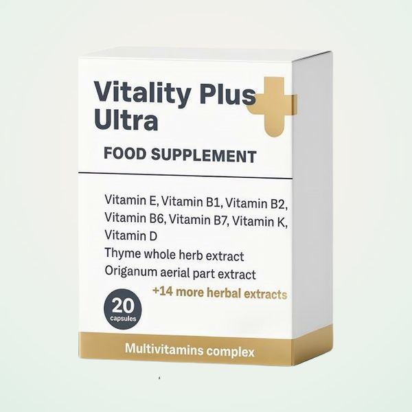 Vitality Plus Ultra doboz, 20 kapszula, multivitamin-komplex és kakukkfű felirattal