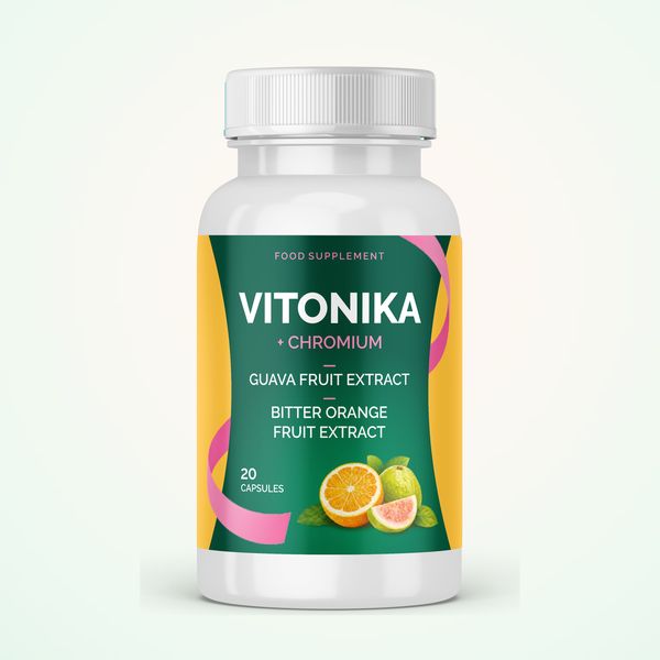 Zöld-sárga Vitonika doboz és flakon, felirat: + Chromium, guava, bitter orange, 20 kapszula